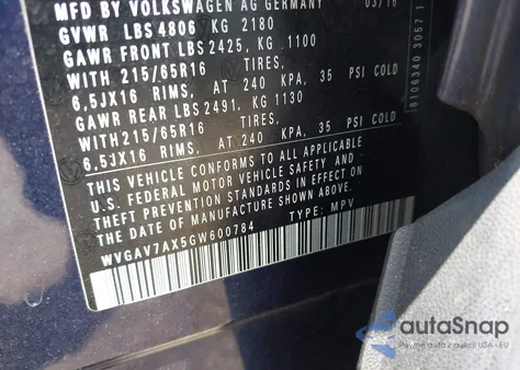 2016 Volkswagen Tiguan S из США, поврежденный, VIN WVGAV7AX5GW600784